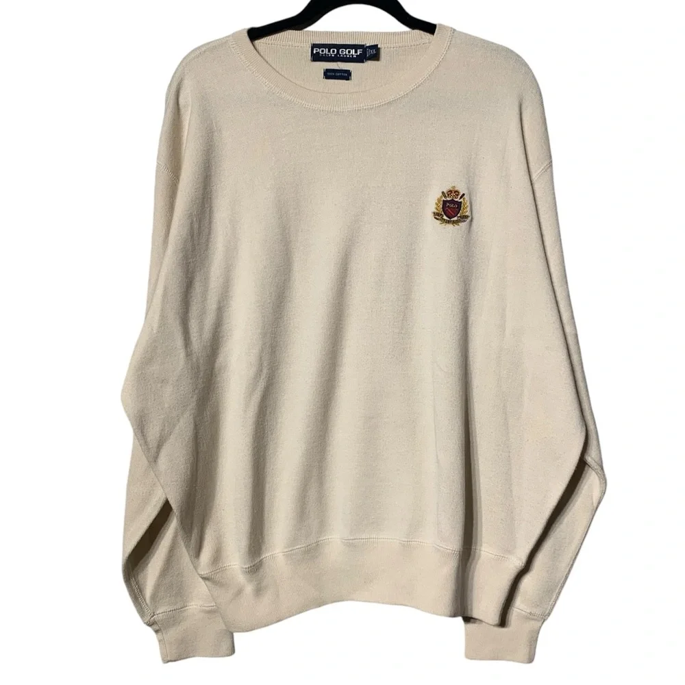 Vintage Polo Golf Ralph Lauren Embroidered Crest Sweatshirt Cream Men XL